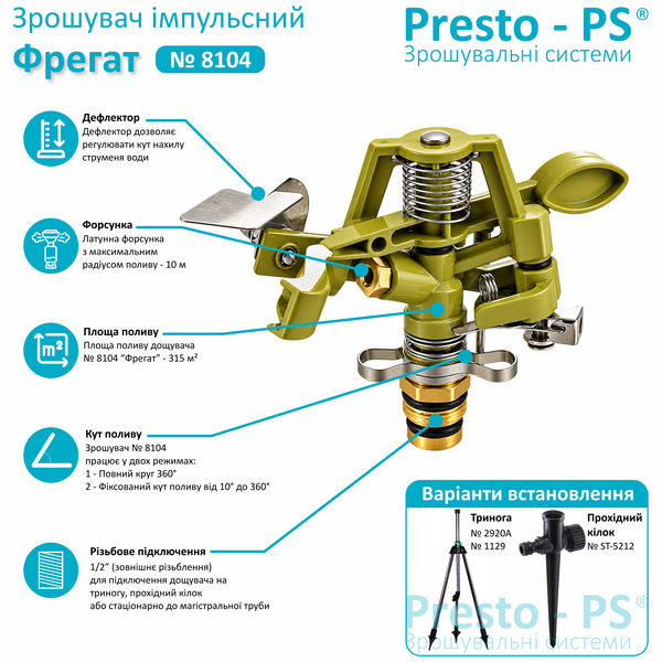 Дощувач Presto-PS зрошувач імпульсний для газону металевий з різьбленням 1/2 дюйма (8104) 8104 фото