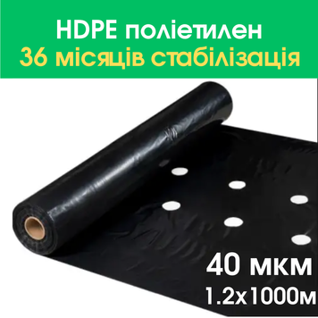 Пленка мульчирующая 40 мкм 1,2 &times; 1000 м 2 ряда отверстий схема 30&times;50 см в шахматном порядке чёрная для мульчирования МПЕРВ121000-2-50 фото